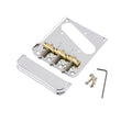 Chrome metal guitar bridge plate with three gold saddles, cover plate, three screws, and an L-shaped hex key.
