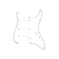 White 11-hole guitar pickguard with cutouts for three pickups and controls against a white background.