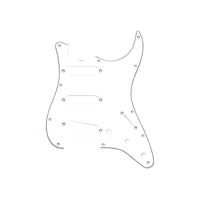 White 11-hole guitar pickguard with cutouts for three pickups and controls against a white background.