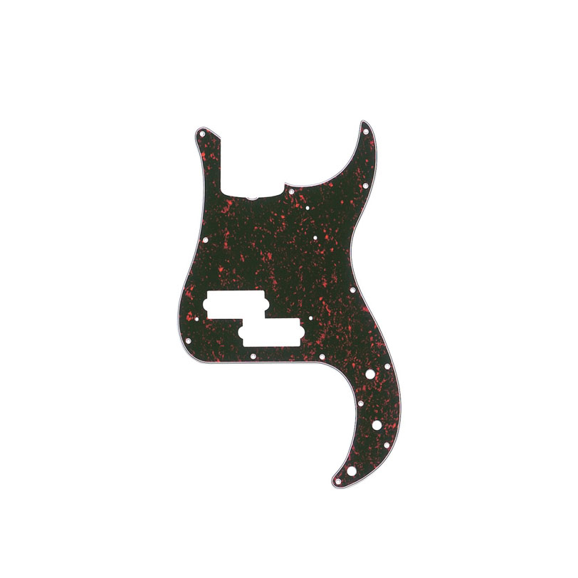 Black and red tortoiseshell style guitar pickguard with multiple screw holes and cutouts for pickups and controls.