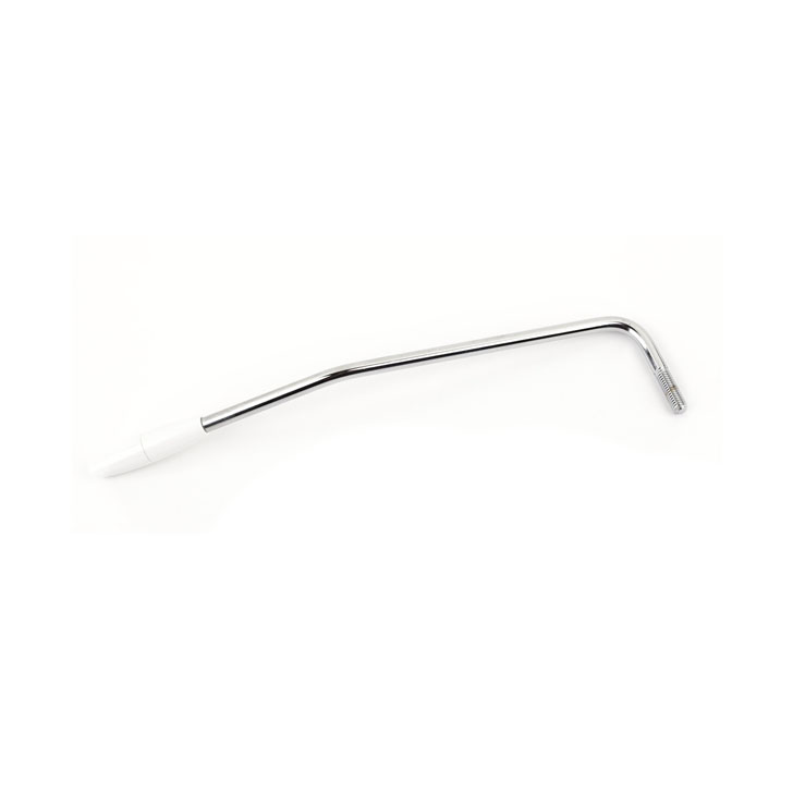 Metal tremolo arm with a white plastic tip and threaded end on a white background.