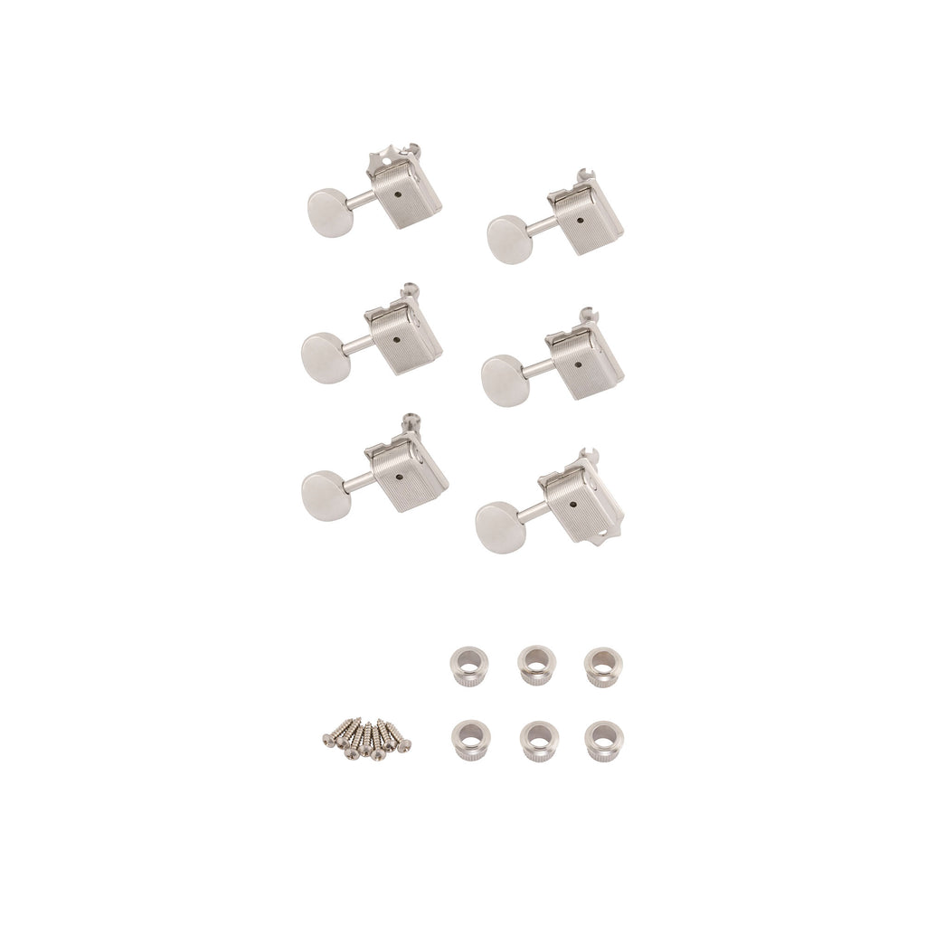 Six silver metal tuning pegs with washers and screws arranged on a white background.