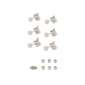 Six silver metal tuning pegs with washers and screws arranged on a white background.
