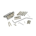 Chrome guitar tremolo bridge assembly with springs, whammy bar, screws, and small metal parts on white background.