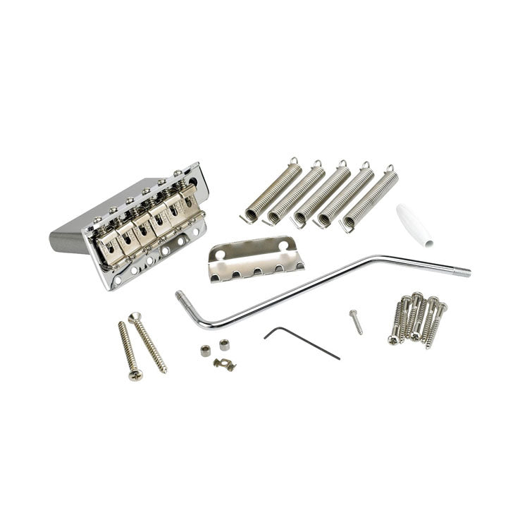 Chrome guitar tremolo bridge assembly with springs, whammy bar, screws, and small metal parts on white background.