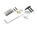 Chrome guitar tremolo bridge assembly with arm, springs, screws, and mounting hardware on white background.