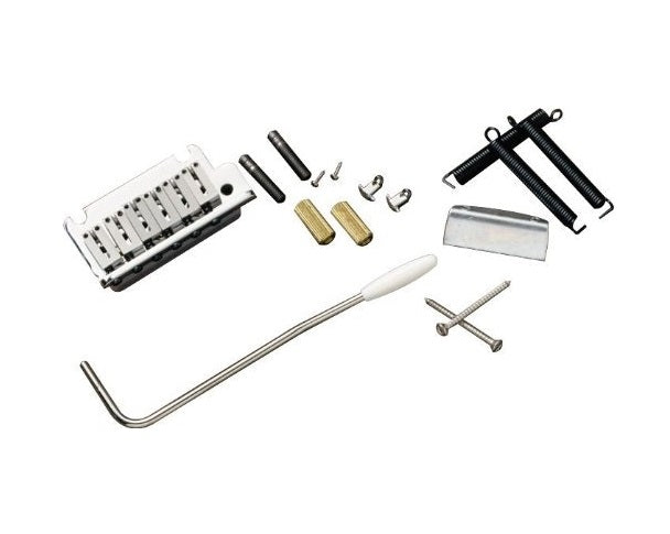 Chrome guitar tremolo bridge assembly with arm, springs, screws, and mounting hardware on white background.