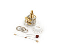 Rotary potentiometer with a white tone knob, resistor, capacitor, and metal washers on a white background.