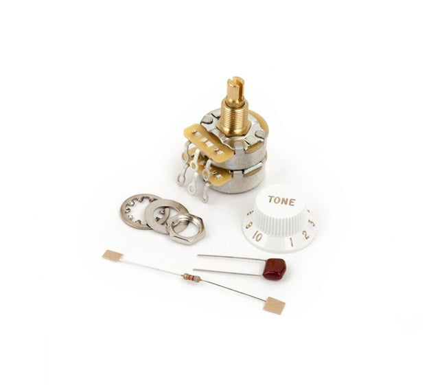 Rotary potentiometer with a white tone knob, resistor, capacitor, and metal washers on a white background.