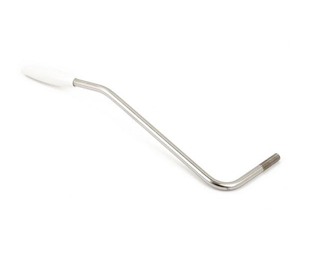 Chrome metal tremolo arm with a white plastic tip on a white background.