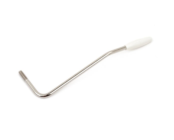 Metal tremolo arm with a white plastic handle and threaded end on a white background.
