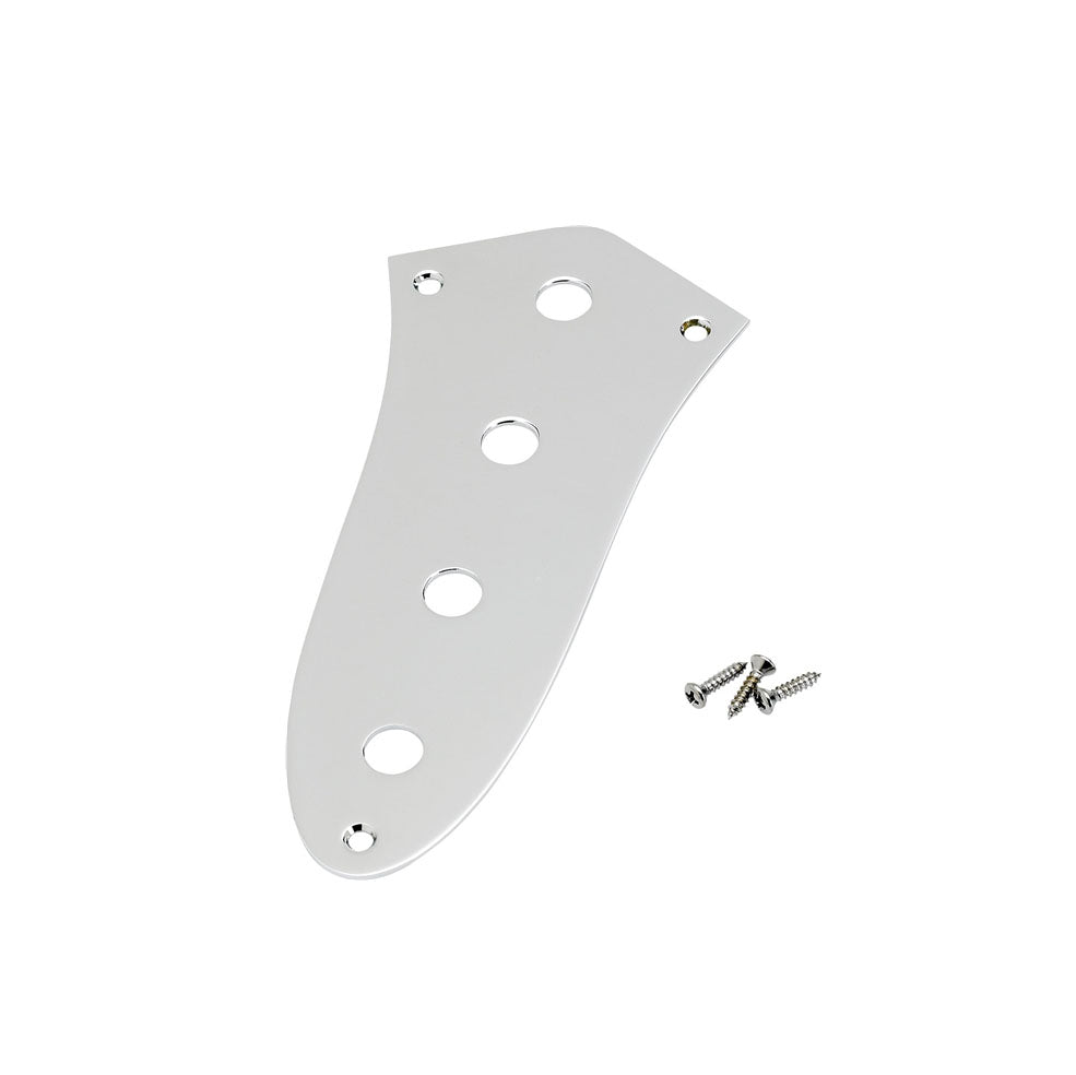 Silver metal control plate with four holes and four screws on white background.