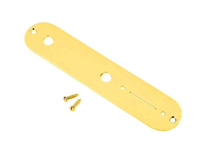 Gold-colored metal control plate with three holes and two small screws on a white background.