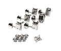Set of six chrome guitar tuning machine heads with bushings and screws on a white background