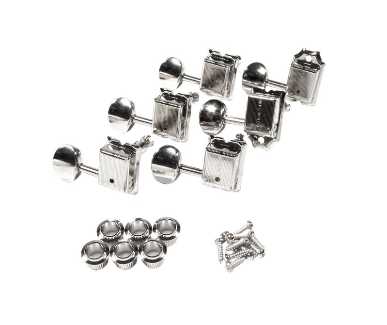 Set of six chrome guitar tuning machine heads with bushings and screws on a white background