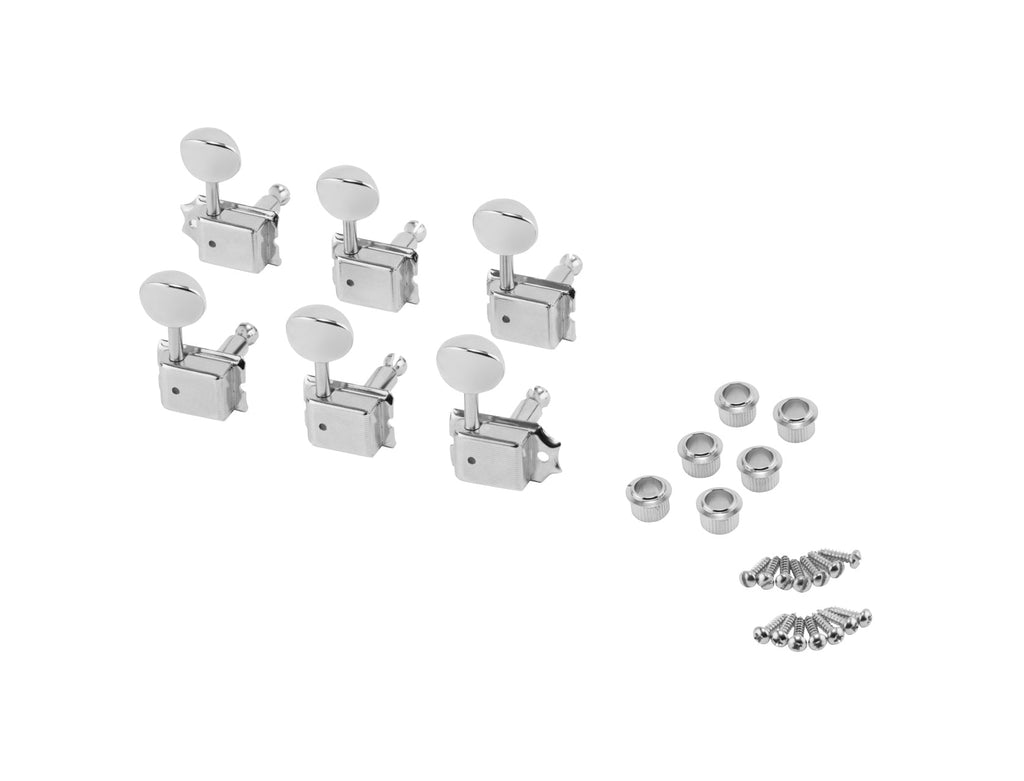 Six chrome guitar tuning machines with bushings and screws arranged on a white background.