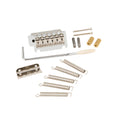 Chrome metal guitar tremolo bridge assembly with whammy bar, springs, screws, inserts, and mounting plate on white background.