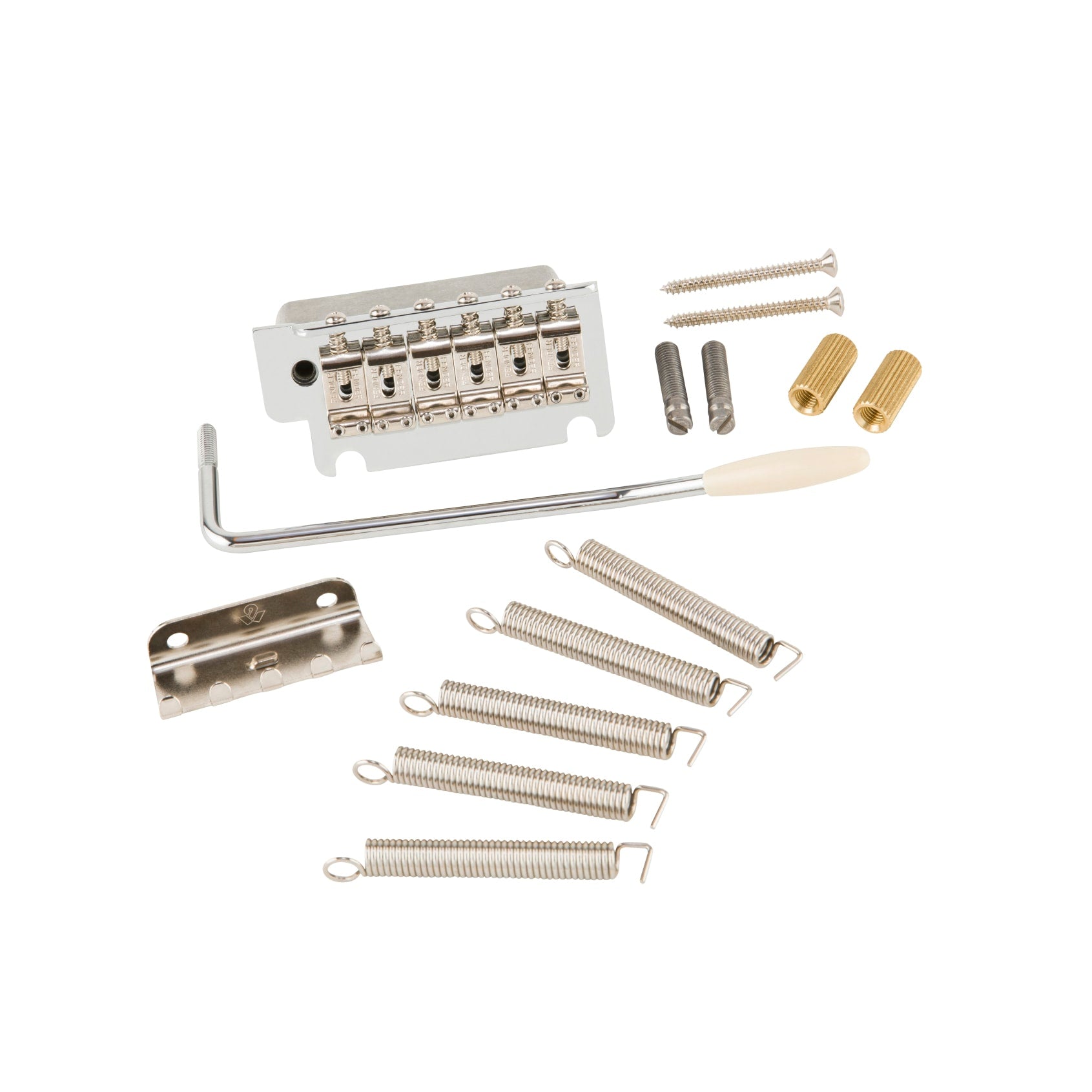 Chrome metal guitar tremolo bridge assembly with whammy bar, springs, screws, inserts, and mounting plate on white background.