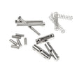 Three metal saddles, four coil springs, and multiple screws on a white background.