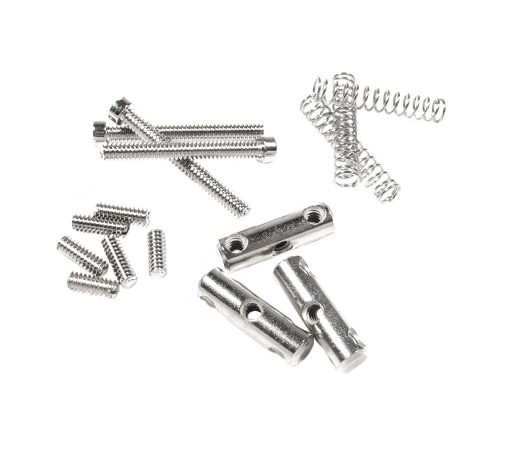 Three metal saddles, four coil springs, and multiple screws on a white background.
