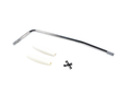 Chrome bent metal rod with threaded ends, two white plastic sleeves, and four small black screws on white background.
