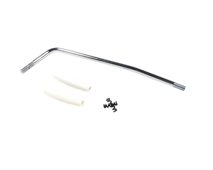 Chrome bent metal rod with threaded ends, two white plastic sleeves, and four small black screws on white background.