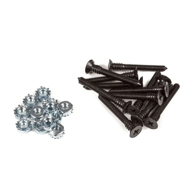 Black screws and silver nuts displayed on a white background.