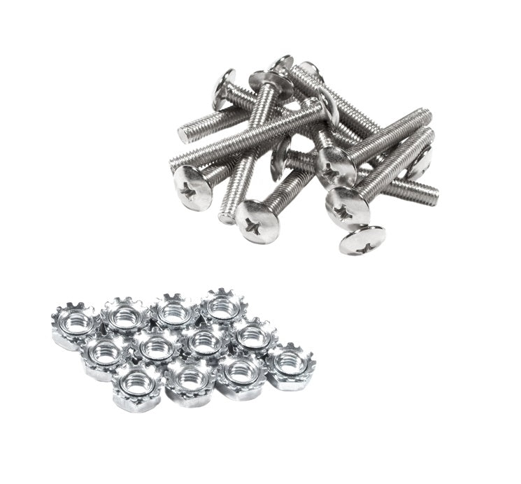 A group of silver screws and a set of silver nuts on a white background.
