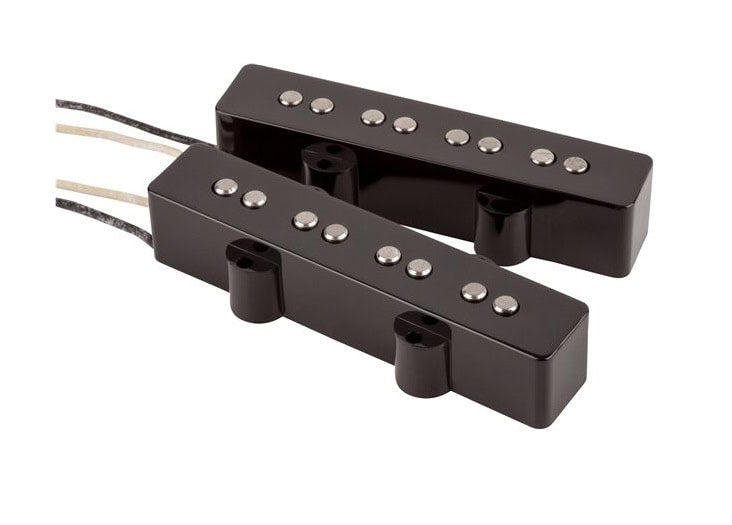 Two black electric guitar pickup units with silver pole pieces and attached wire leads on white background.