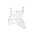 White pearl patterned pickguard for a Stratocaster-style electric guitar with multiple screw holes and pickup slots.