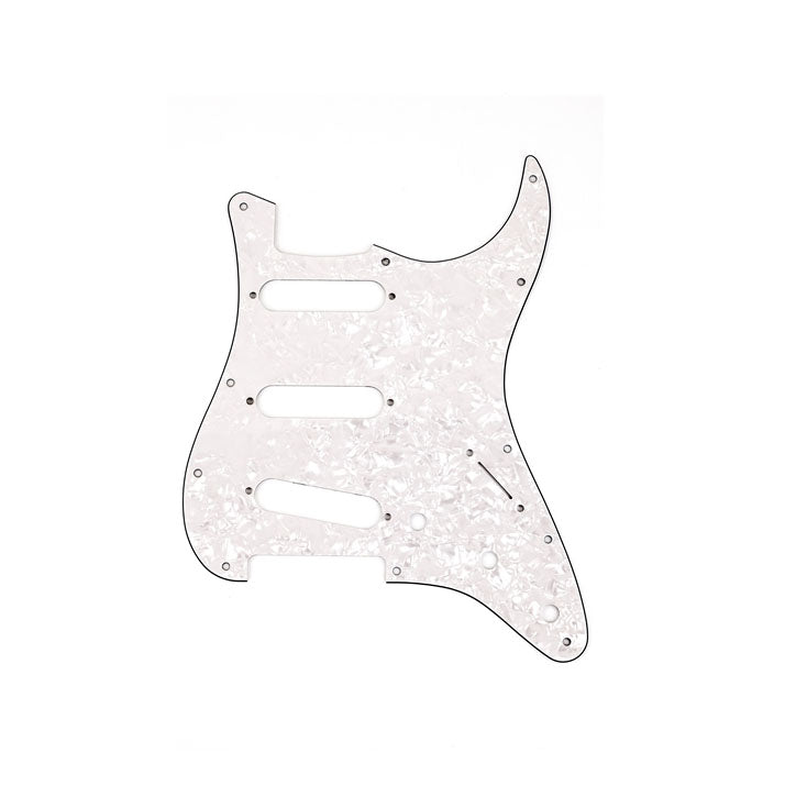 White pearl patterned pickguard for a Stratocaster-style electric guitar with multiple screw holes and pickup slots.