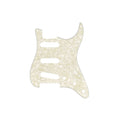 Aged white pearl 11-hole pickguard with three pickup slots for a Stratocaster-style guitar.