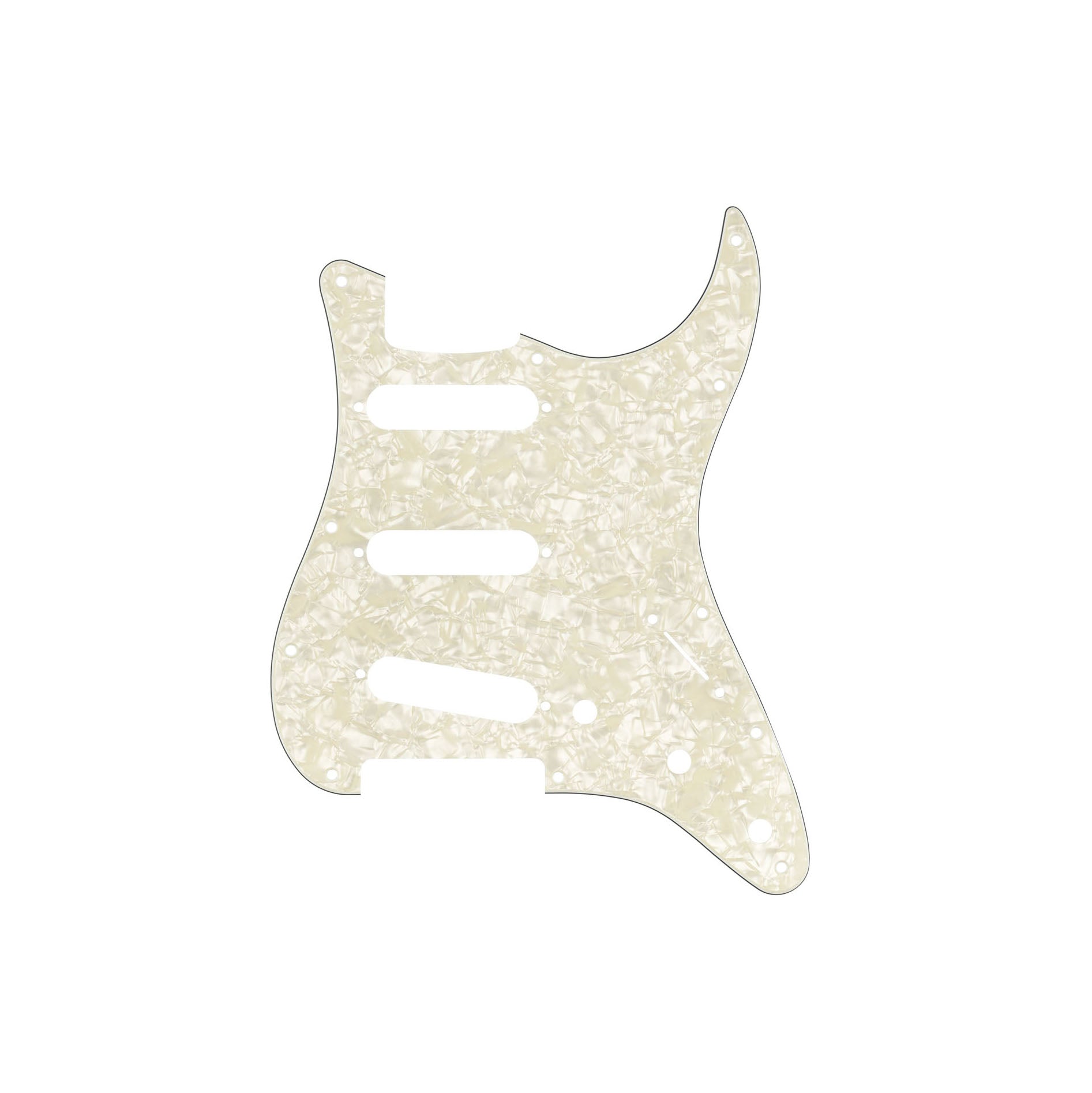 Aged white pearl 11-hole pickguard with three pickup slots for a Stratocaster-style guitar.