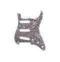 Black pearl patterned guitar pickguard with cutouts for three single-coil pickups and 11 mounting holes.