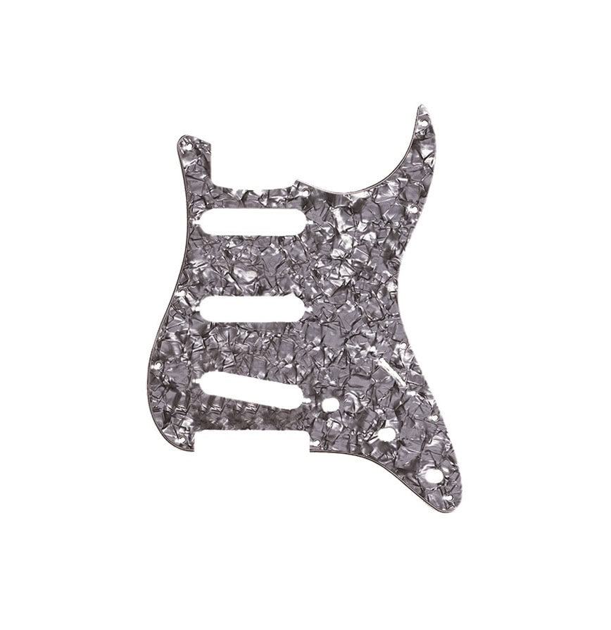 Black pearl patterned guitar pickguard with cutouts for three single-coil pickups and 11 mounting holes.