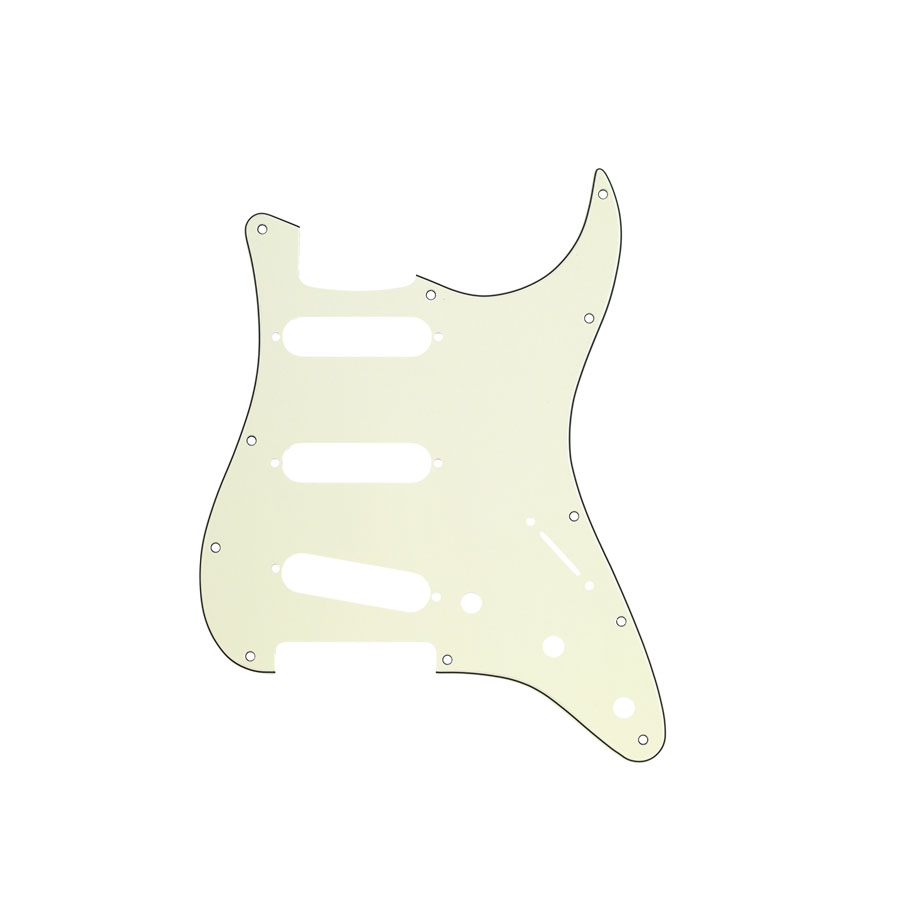 Mint green 11-hole 3-ply pickguard for Stratocaster-style electric guitar.