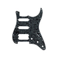 Black pearl patterned guitar pickguard with 11 holes and cutouts for three pickups and control knobs.