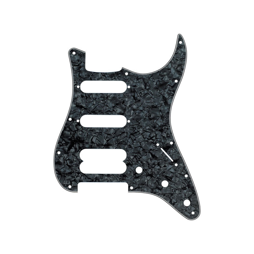 Black pearl patterned guitar pickguard with 11 holes and cutouts for three pickups and control knobs.