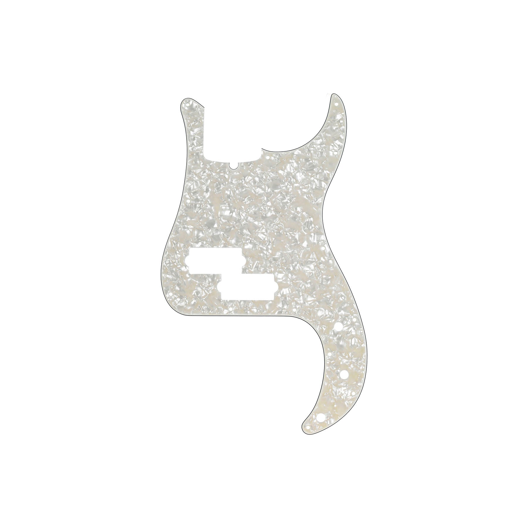 White pearl 13-hole guitar pickguard with cutouts for pickups and screws.