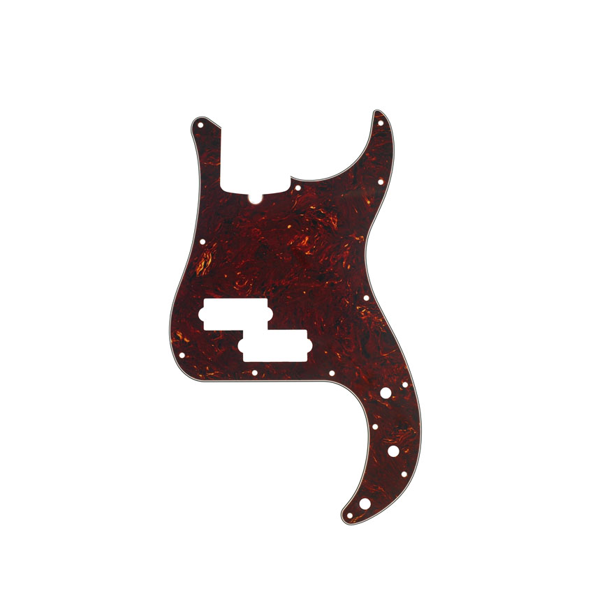 Tortoise shell pattern pickguard for a precision bass with multiple cutouts and mounting holes.
