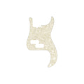 Aged white pearl 13-hole modern-style precision bass guitar pickguard with 4-ply construction isolated on white background.