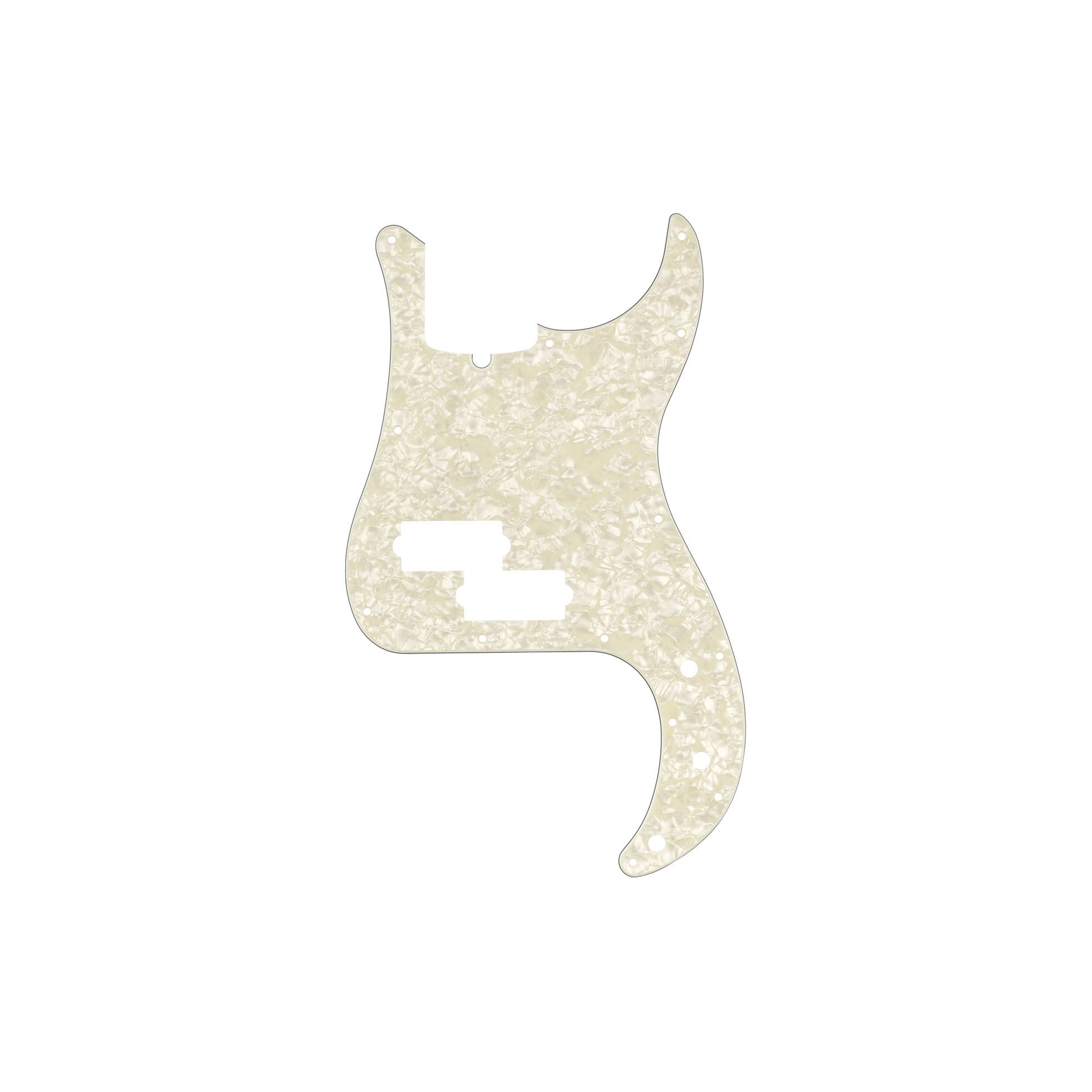 Aged white pearl 13-hole modern-style precision bass guitar pickguard with 4-ply construction isolated on white background.
