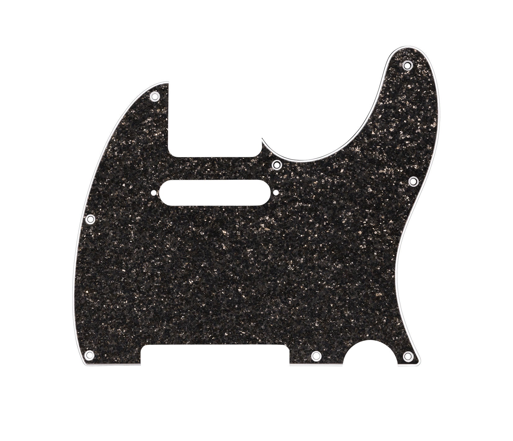 Dark gray sparkle guitar pickguard with multiple mounting holes and cutouts on a white background.