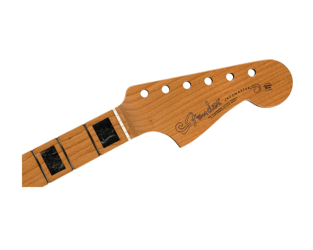 Light brown guitar neck with block inlays and six tuning peg holes.
