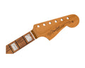 Partial view of a wooden guitar neck with block inlays and Fender Jazzmaster logo on the headstock.
