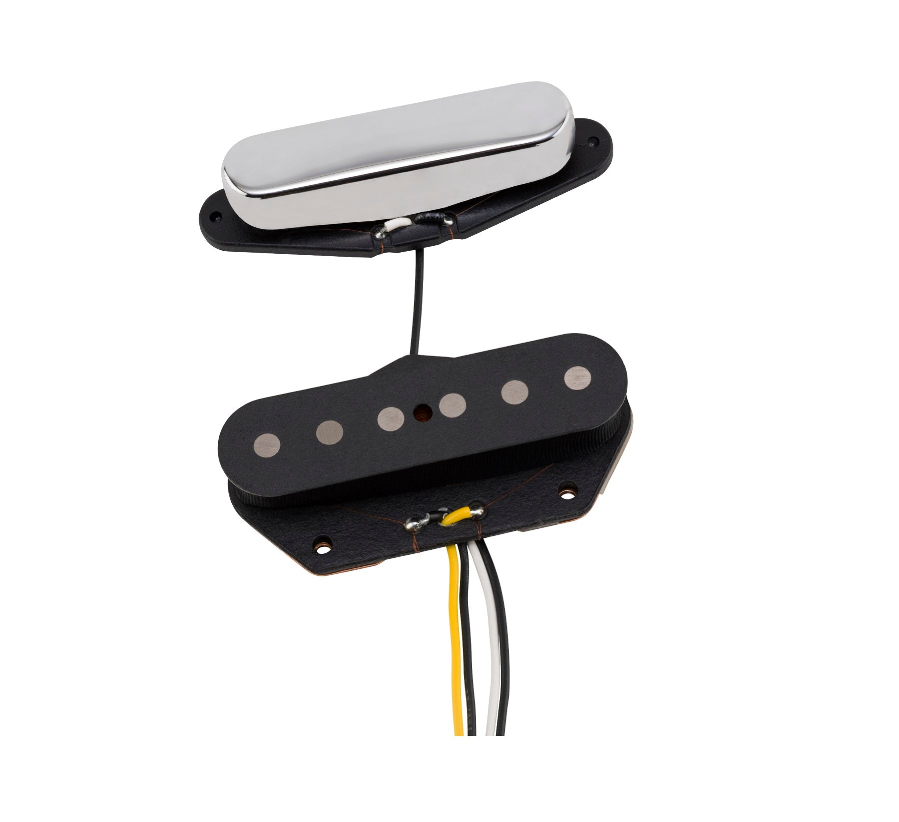 Two electric guitar pickups, one covered in chrome and one black with six pole pieces and attached wires.