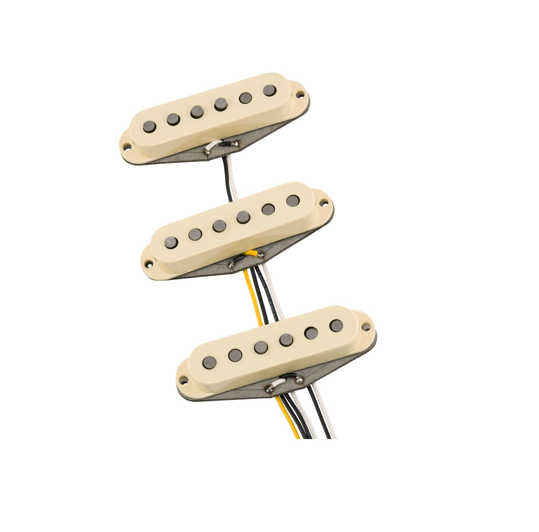 Set of three cream-colored single-coil guitar pickups with attached wires on white background.