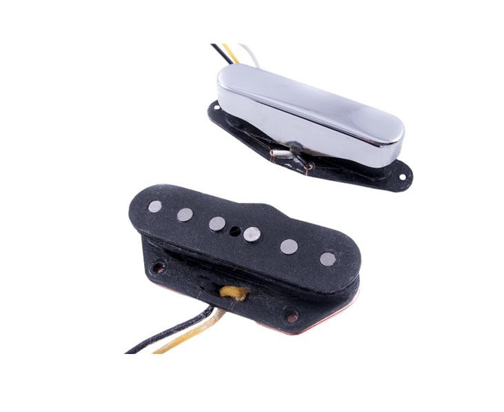 Two electric guitar pickups with wire leads, one with a chrome cover and one with exposed pole pieces.