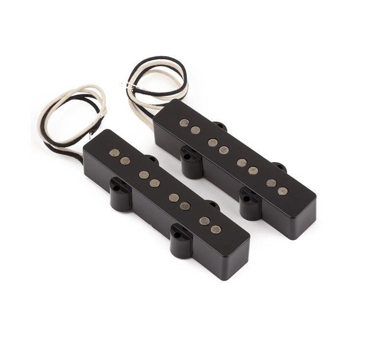 Two black electric guitar pickups with six visible pole pieces and attached black and white wire leads on white background.