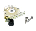 Rotary selector switch with black knob and metal tabs, plus two screws on a white background